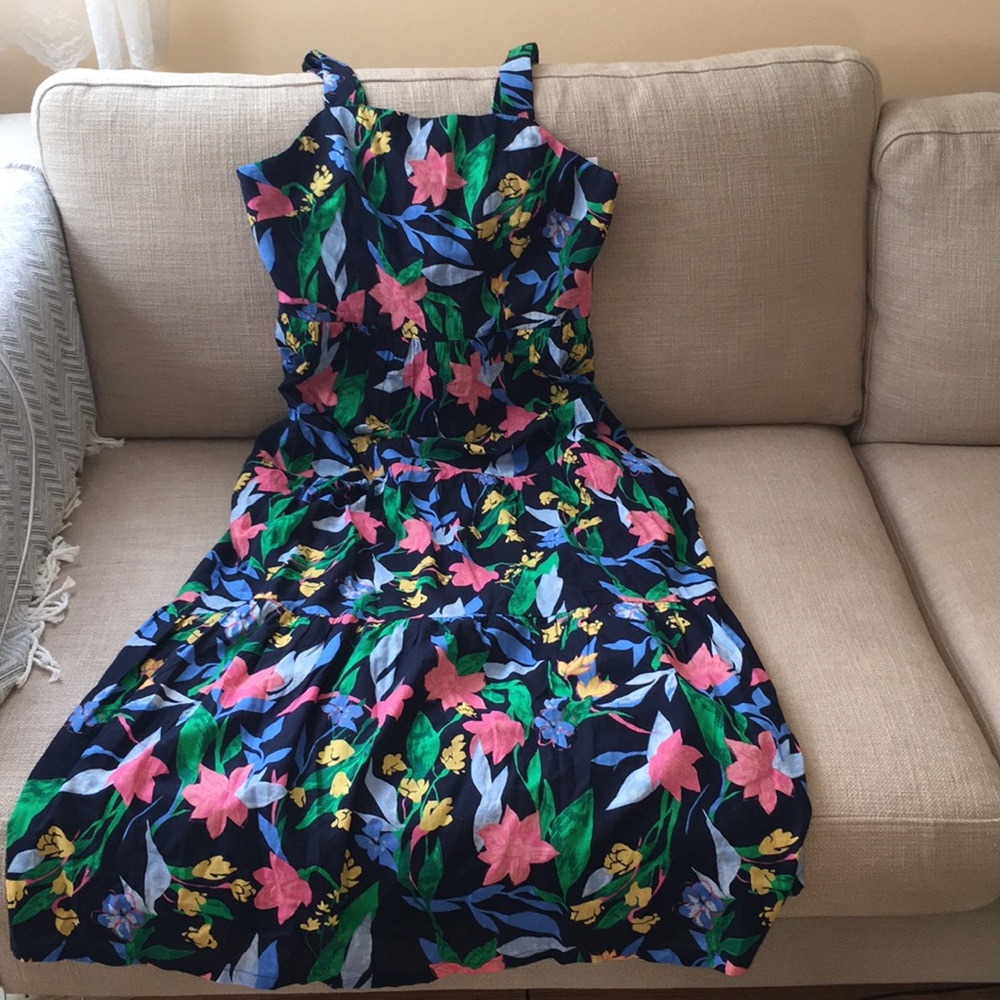 J. Crew Floral Tiered Maxi Cotton Dress Navy Blue